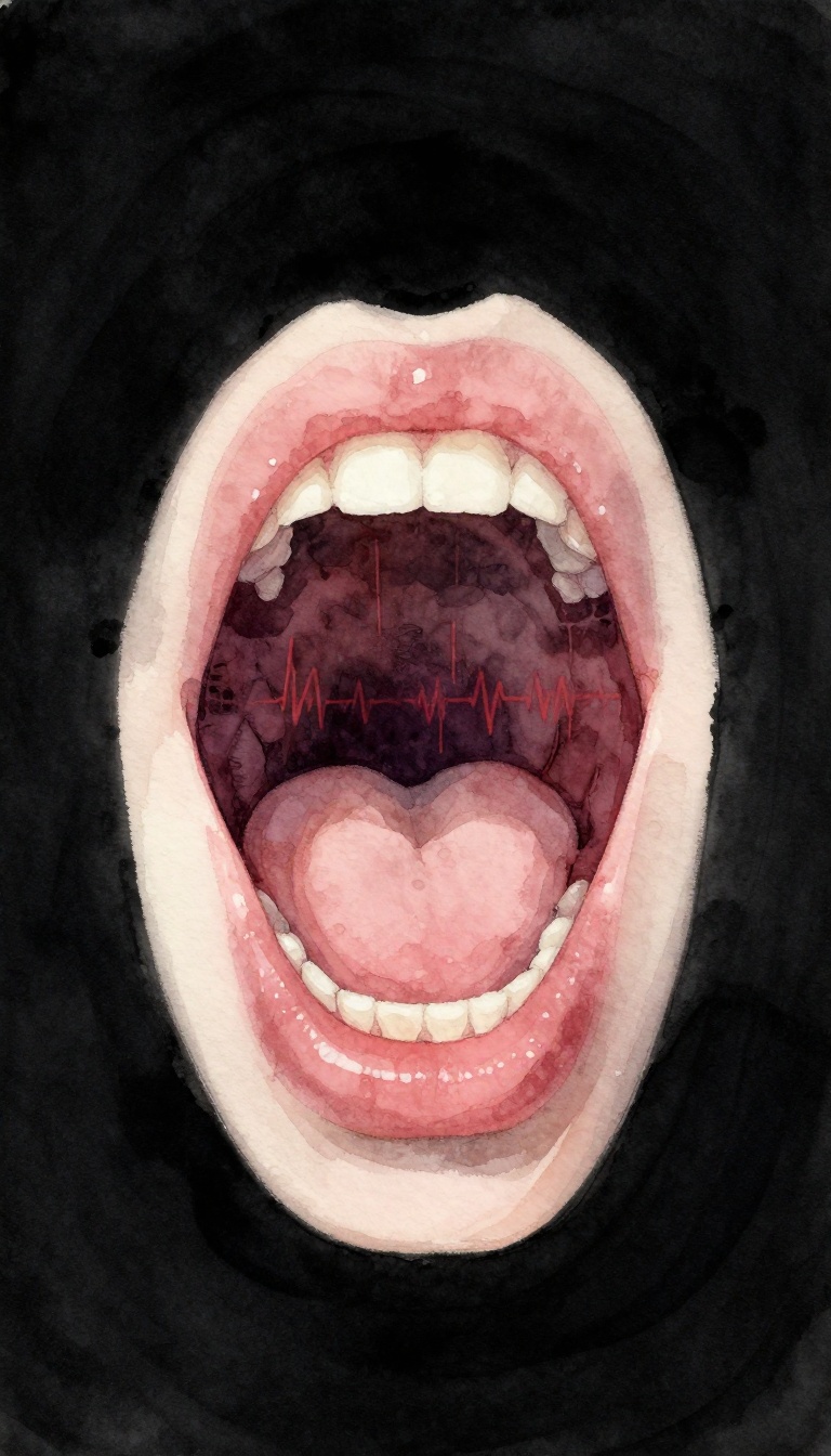 A full open watercolour mouth mid-scream, uneven teeth, tongue visible, a red ECG-style waveform rippling inside the dark cavity