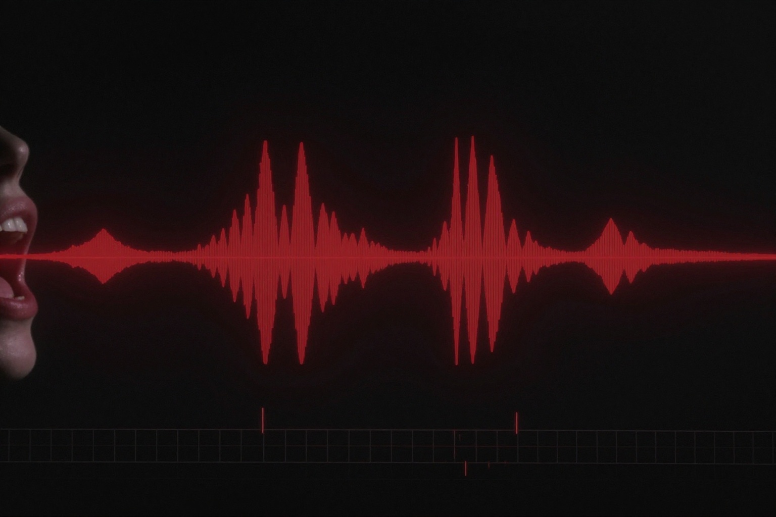 A vast black field with a horizontal red audio waveform stretching across it, a screaming mouth at the far left edge, a timeline grid along the bottom